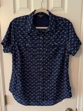Eddie Bauer Navy Blue Short-Sleeve Adventure Shirt with White Print
